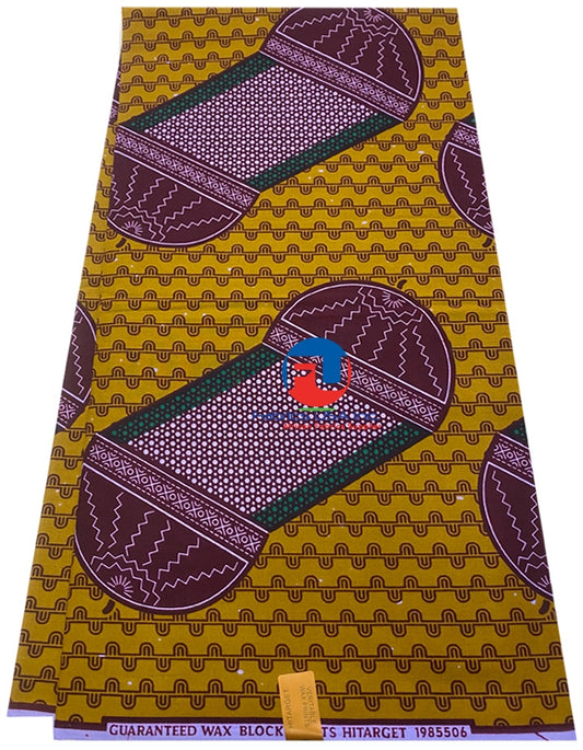 African Print Fabric; Green, White, Burgundy, Golden-Brown