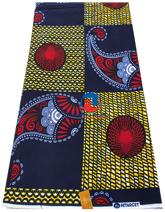 High Quality Hi-Target  African Wax Print-Dark- Blue, Blood-Red, Light-Orange, White,  Black