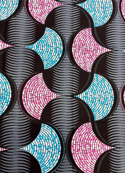 Ankara Wax Print- Gray Turquoise Pink Dark Blue White