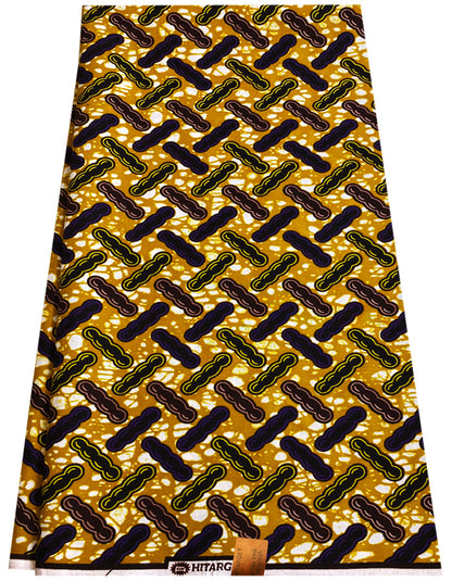 African Wax Print- Peanut Design- Purple, Golden-Brown, White, Burgundy, Yellow, Black