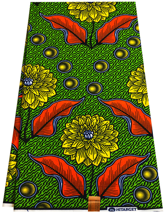 Hitarget African Wax Print- Floral Print- Orange Yellow White Dark Blue Apple Green