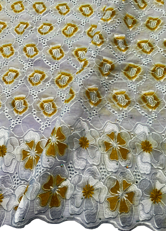 High Quality Swiss Voile Lace with tiny Stone- Gold and White-5 Yards-For Dresses