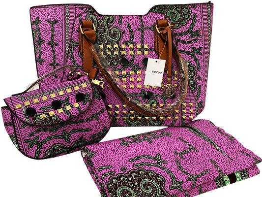 African Print Fabric & Bags; Turtle Back-Pink Green, Black