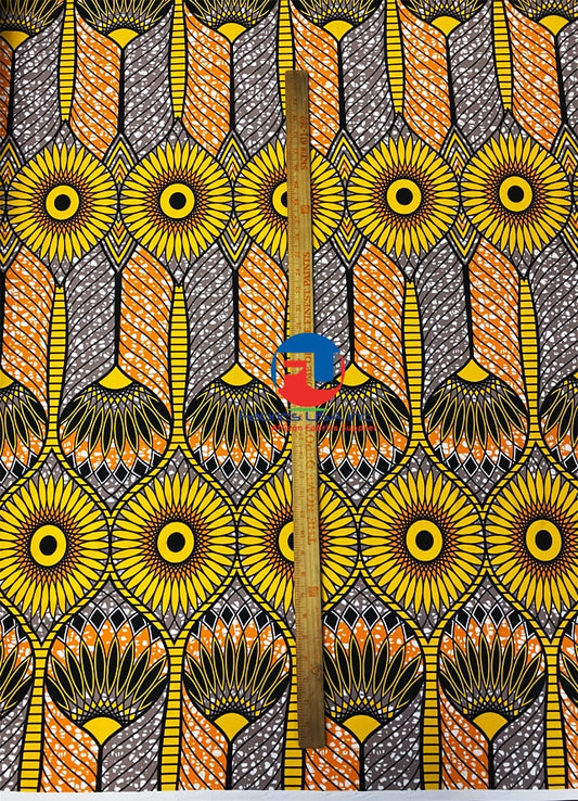 African Print Fabric  in Nylon Spandex 4 Way Stretch Fabric -Burnt-Orange, Yellow, Black, White, Fossil-Gray