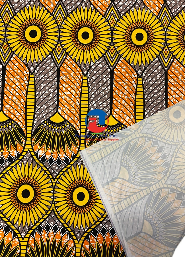 African Print Fabric  in Nylon Spandex 4 Way Stretch Fabric -Burnt-Orange, Yellow, Black, White, Fossil-Gray