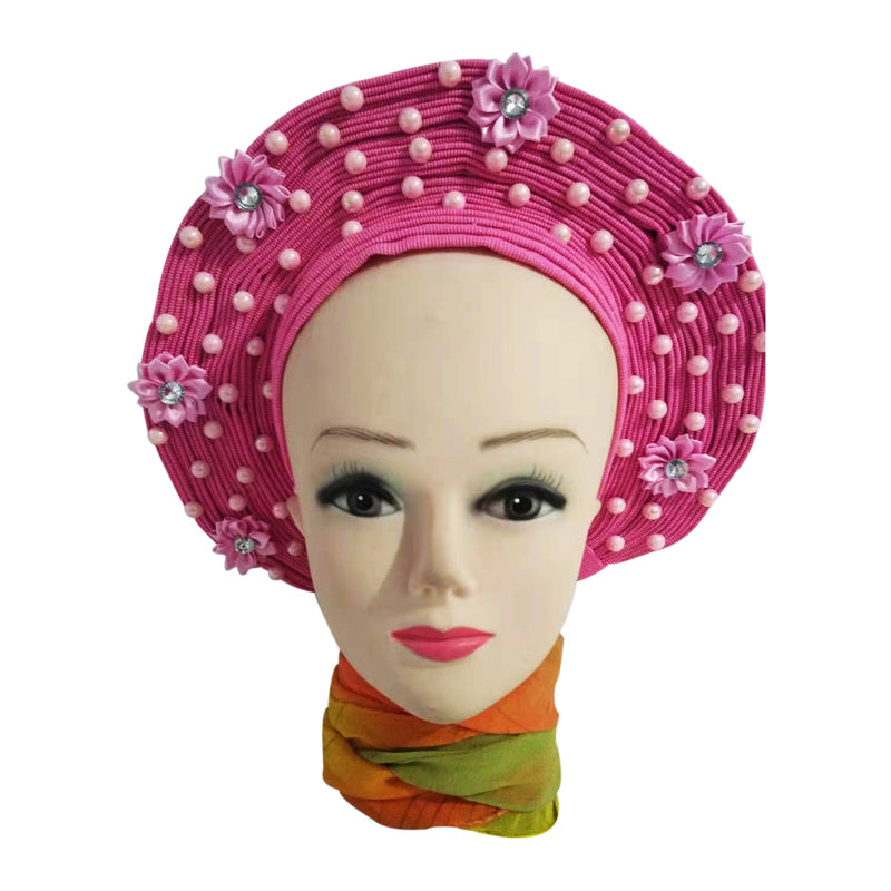 Pink with  Beads and flower- Auto Gele Nigeria Headtie African  Head Wraps Gele with Shoulder  Shawl/ Strap with Stones - For all Occasions-