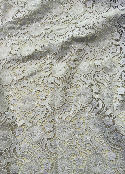 High Quality African  Design  Guipure Lace/ Corded Lace-White  with sequins