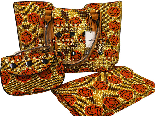 African Print Fabric & Bags; Floral-Orange,Black,golden-Brown