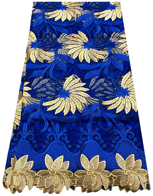 African Net Lace Fabric-Royal Blue & Gold