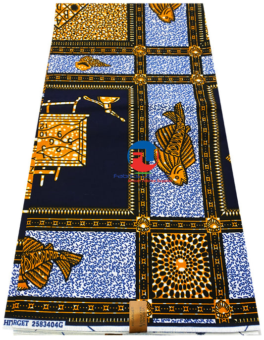 African Wax Print- - Dark-Blue, White , Black, Burnt-Orange