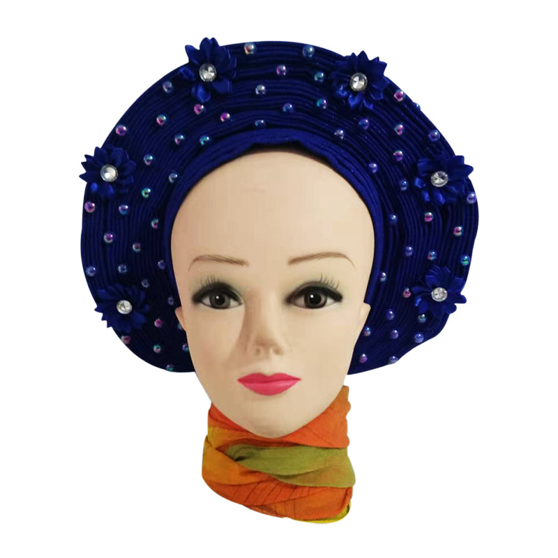 Blue with  Beads and flower- Auto Gele Nigeria Headtie African  Head Wraps Gele with Shoulder  Shawl/ Strap with Stones - For all Occasions-