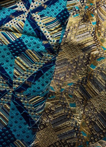 Elegant African Bazin Brocade  Lace Fabric -Royal-blue, Sky-Blue, White and Gold