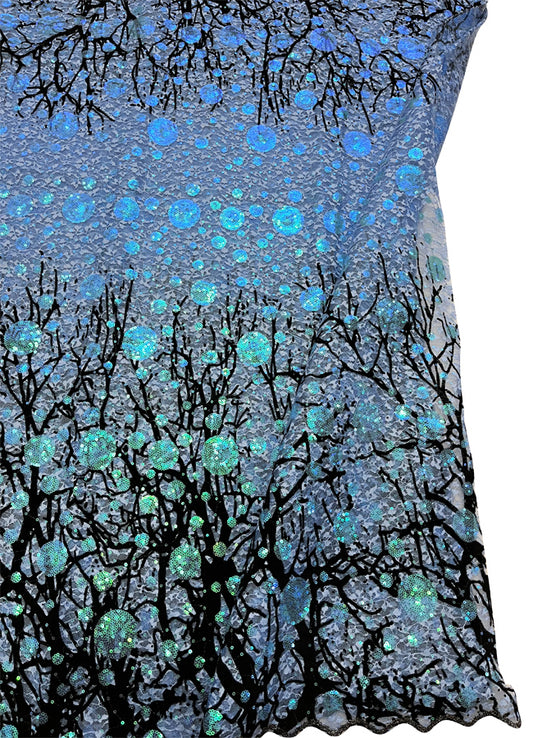 Exclusive Design French  African Net Lace- Iridescent- Sky-Blue, Black