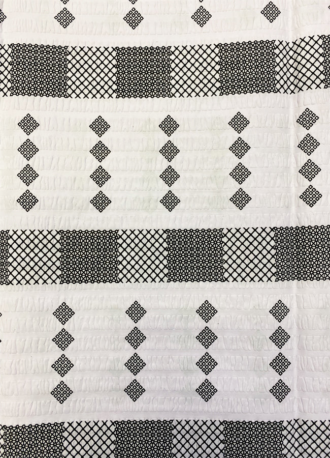 Seersucker Fabric with Yarn Embroidered  -White & Black