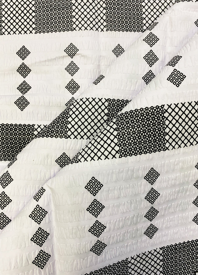 Seersucker Fabric with Yarn Embroidered  -White & Black