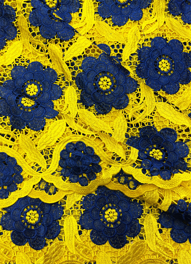 African Lace Fabric- Yellow Gold & Royal Blue