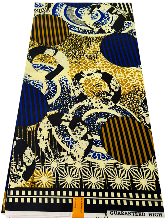 Cotton Blend High Quality Ankara Wax Prints-Ivory-Cream, Azure-Blue, Black, Light-gold,