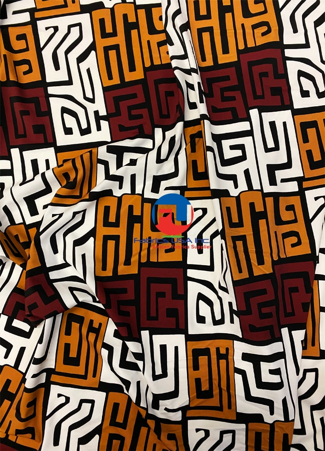 African Print Fabric  in Nylon Spandex  4 Way Stretch Fabric - Tribunal Pattern- Sienna-Brown, Copper, Black, White