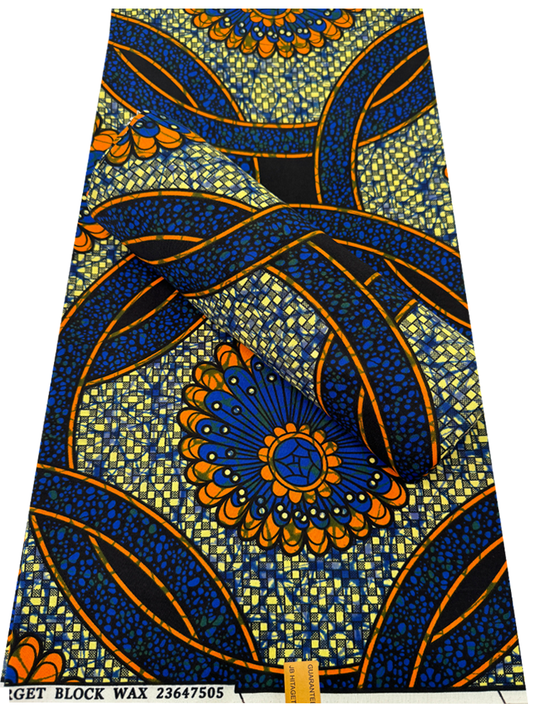 Polyester African Wax Prints Fabrics - Royal-Blue, Ivory-Cream, Orange, Black, Dark-Blue