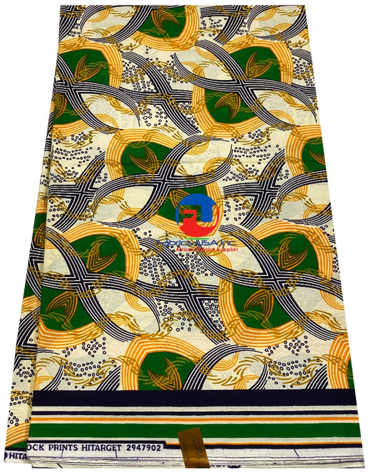 African Wax Print-Gold, Orange, Lime-Green, Cream, Brown, Black, White