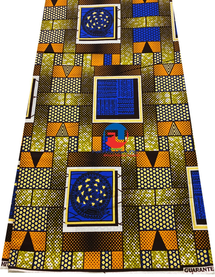 African Wax Metallic Gold Print- Gold, Orange, Purple-Blue, Mustard, White, Dark-Brown