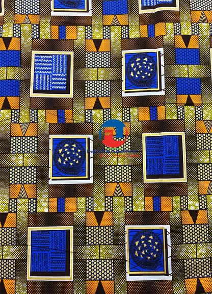 African Wax Metallic Gold Print- Gold, Orange, Purple-Blue, Mustard, White, Dark-Brown