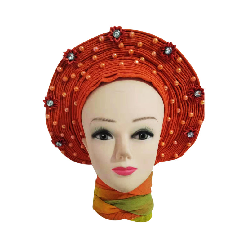 Orange with  Beads and flower- Auto Gele Nigeria Headtie African  Head Wraps Gele with Shoulder  Shawl/ Strap with Stones - For all Occasions-