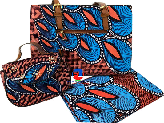 African Print Fabric & Bags; Fabric Print Pattern-Peacock- Peach, Sky-Blue,Black