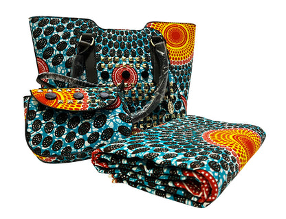 African Wax Print - Hand Bag/ Satchel Bag/  6 Yards Ankara Wax Print 100 % Cotton- Red-Orange, White, Black, Teal-Green