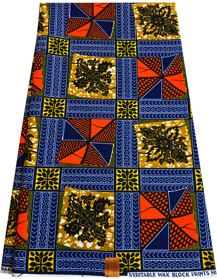 African wax Prints Fabrics- Navy-Blue, Orange, Yellow, Black, White, Golden-Brown