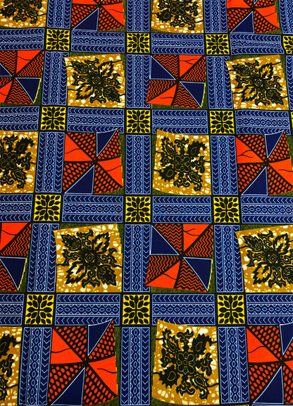 African wax Prints Fabrics- Navy-Blue, Orange, Yellow, Black, White, Golden-Brown