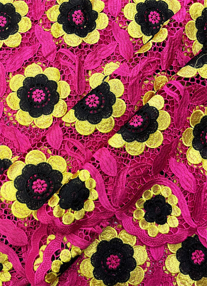 Beautiful Guipure Lace Fabric- Fuchsia Pink, Yellow & Black