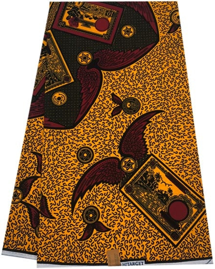 African Wax Print; Golden Yellow, Red and Black