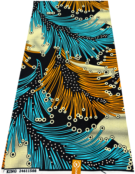 Exclusive Design Cotton Blend Wax Print- Orange, Ivory-cream, Black, Sky-blue