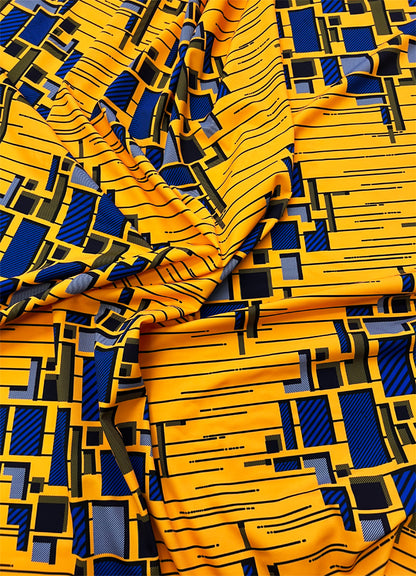 Beautiful Design African Print in Spandex Fabric- Yellow, Royal Blue