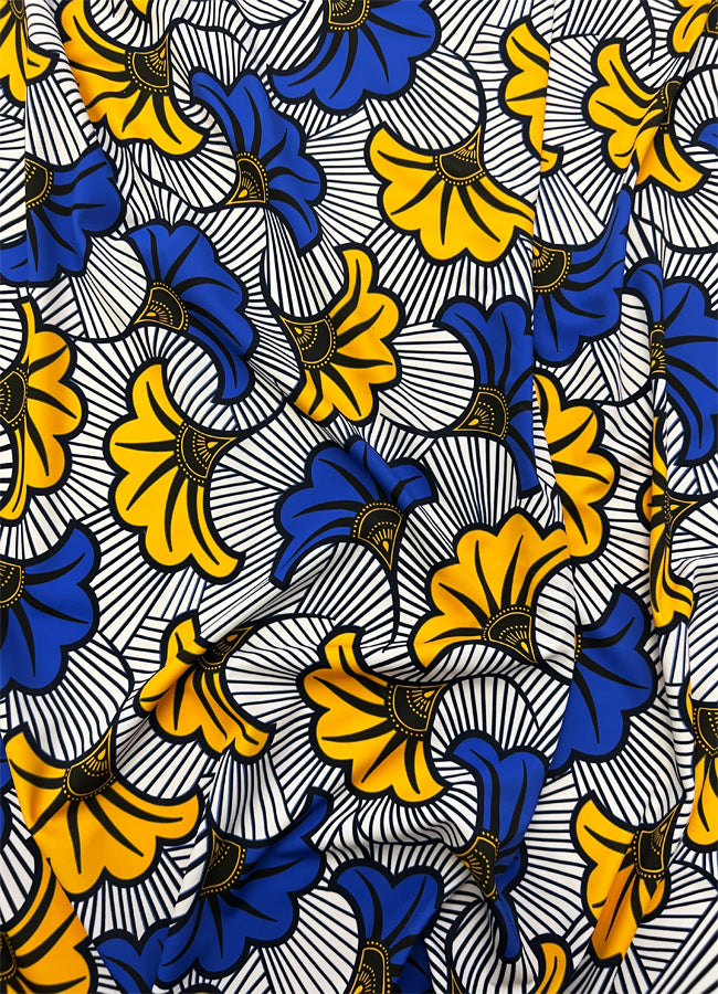 Beautiful Design African Print in Spandex Fabric- White, Yellow, Royal Blue, Black