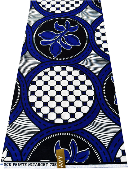 Ankara Wrapper Guaranteed Block Print- Azure-Blue, White, Dark-Blue, Black