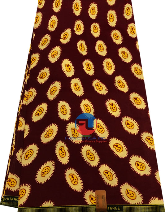 African Wax Print Polished- Dark-Red, Cream, Yellow