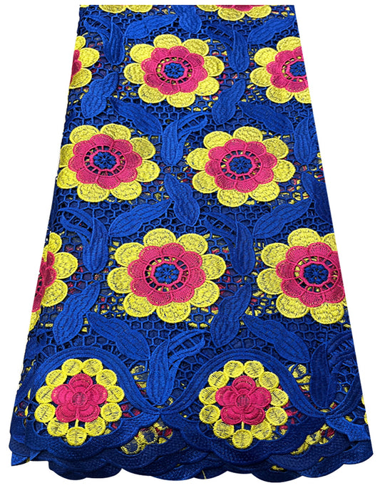 African Lace Fabric/Guipure Lace Fabric- Royal Blue, Pink & Yellow