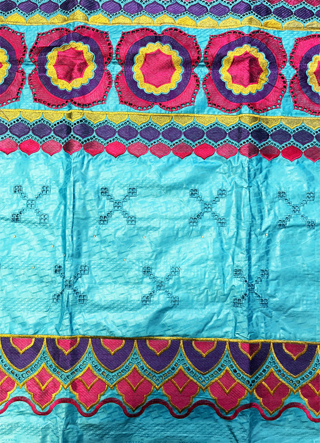 African Bazin Lace Fabric- Turquoise, Purple, Pink, Gold