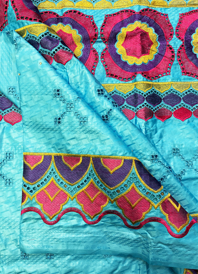 African Bazin Lace Fabric- Turquoise, Purple, Pink, Gold