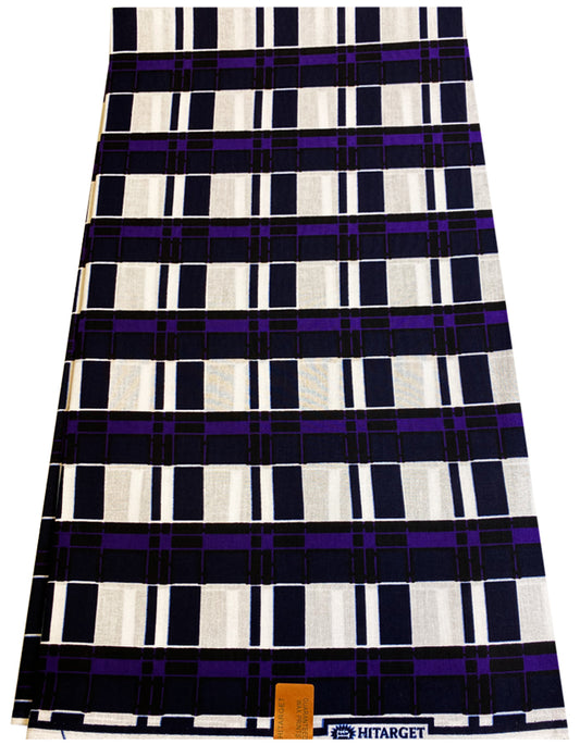 African Wax Print- Mono Block Pattern- Purple White Dark Blue