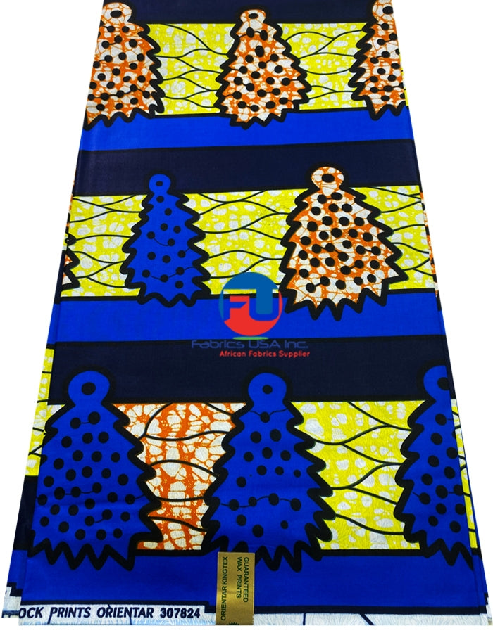 African Wax Polished Fabric; Yellow, Blue, Black, Burn-Orange