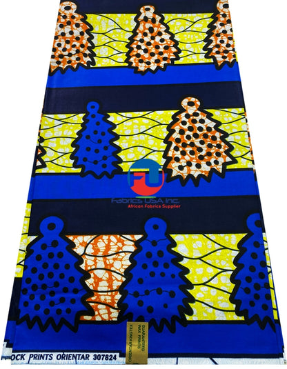 African Wax Polished Fabric; Yellow, Blue, Black, Burn-Orange