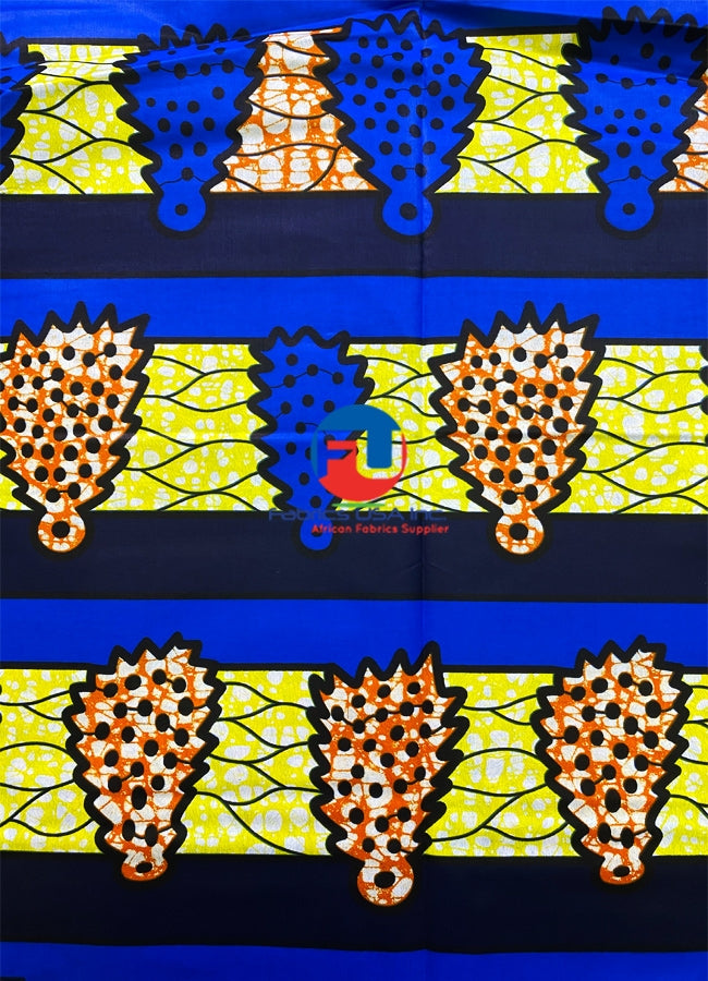 African Wax Polished Fabric; Yellow, Blue, Black, Burn-Orange