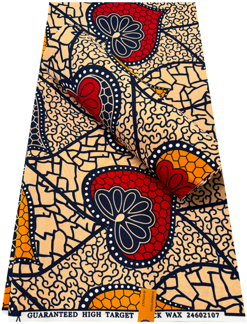 African Wax Print - Polyester -Red, Peach, Golden-yellow, Dark-blue, white