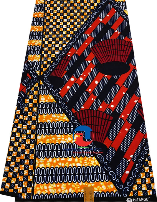 African Print Fabric-,Red,Blue,White,Burn-Orange