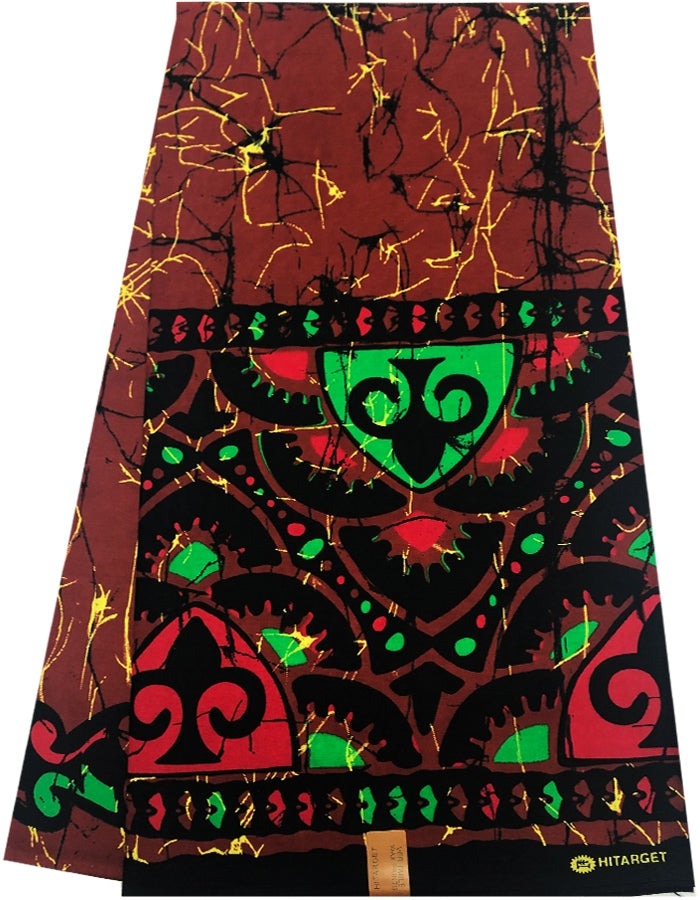 Batik Wax Print; Brown, Green, Red