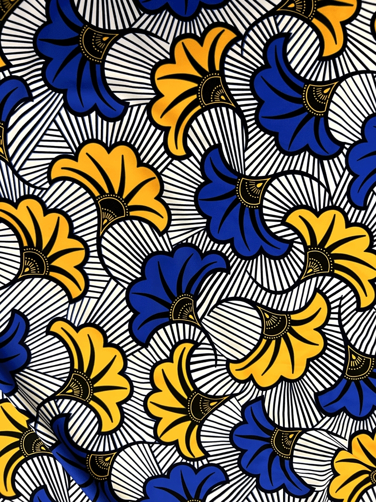 Beautiful Design African Print in Spandex Fabric- White, Yellow, Royal Blue, Black