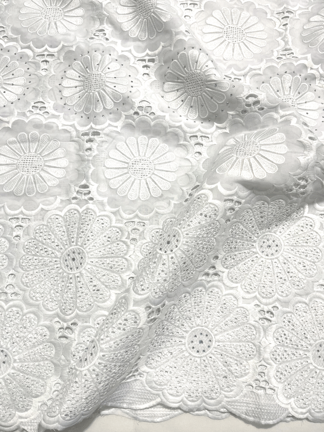 High Quality Swiss Voile Lace with tiny Stone- White